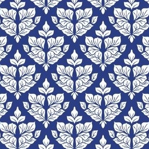 Mini Small Scale Traditional Damask Leaves – White on Royal Blue Periwinkle – 4.5 inch Repeat