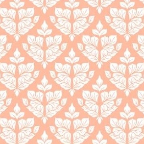 Mini Small Scale Traditional Damask Leaves – White on Peach Fuzz Salmon – 4.5 inch Repeat