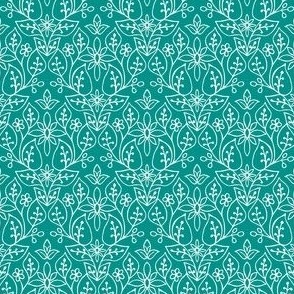 Lace Hand Drawn Floral Print – White on Medium Aqua – 4 inch x 3 inch Repeat – Boho Rose Collection