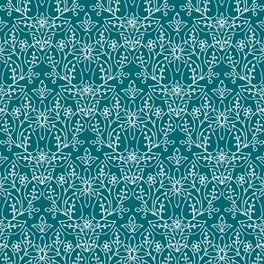  Hand Drawn Floral Print – White on Dark Aqua Teal – 4 inch x 3 inch Repeat – Boho Rose Collection