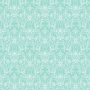 Hand Drawn Floral Print – White on  Aqua – 4 inch x 3 inch Repeat – Boho Rose Collection