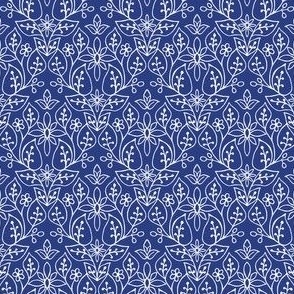 Hand Drawn Floral Print – White on Royal Blue – 4 inch x 3 inch Repeat – Boho Rose Collection