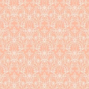 Hand Drawn Floral Print – White on Peach Salmon – 4 inch x 3 inch Repeat – Boho Rose Collection