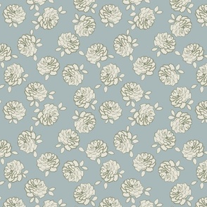 ROSIE - Small Dusty Blue with Green  and Cream Allover Rose