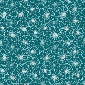 Wild Rose Outlined Floral – Hand Drawn - White on Teal – 3 inch repeat - Boho Rose Coordinate