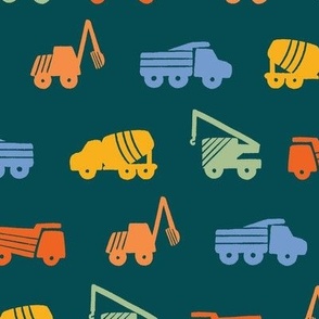 Construction Vehicles and Trucks Multicolor on Dark Green Gray_Medium