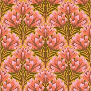Indian Paintbrush wildflower pattern - Mustard Pink Coral (Small scale)