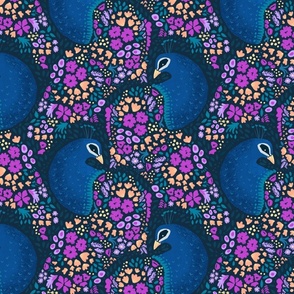 [large] Colorful Floral Peacocks on Midnight Navy Blue