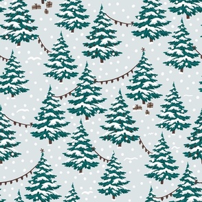 Snowy Woodland Christmas - trees with pine cone decorations and gifts