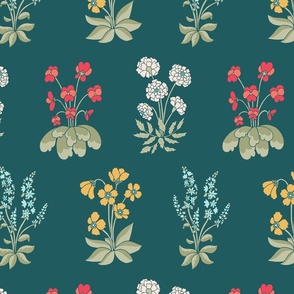 Flower bunches millefleurs botanical meadow in cream blue yellow on forest green