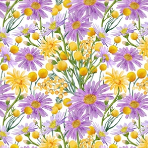 Billy Buttons And Daisy Floral Blooms - Yellow And Purple