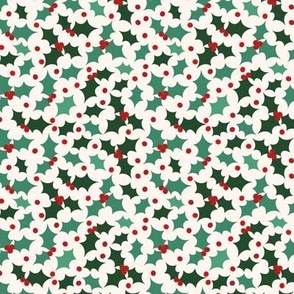 Christmas green holly, red berries on cream Small