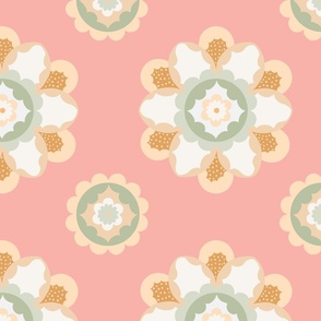 Geometric rosette large scale floral blush coral soft green pastel wallpaper