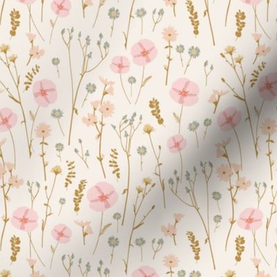 Vintage wildflowers floral and dried weeds in pink, blue, brown and blush on cream - SMALL SCALE