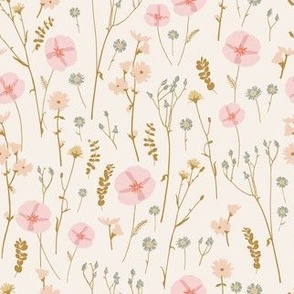 Vintage wildflowers floral and dried weeds in pink, blue, brown and blush on cream - SMALL SCALE