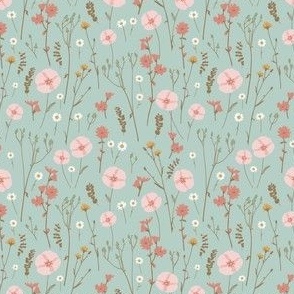 Vintage wildflowers floral and dried weeds in pink, yellow, brown and blush on blue - EXTRA SMALL SCALE