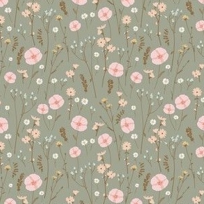Vintage wildflower florals and dried weeds in celadon green, pink, brown and blush on forest green - EXTRA SMALL SCALE 