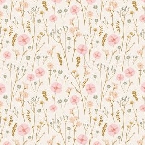 Vintage wildflowers floral and dried weeds in pink, blue, brown and blush on cream - EXTRA SMALL SCALE 