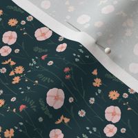 Vintage wildflowers floral and dried weeds in pink, blue, green and tangerine on dark navy blue- EXTRA SMALL SCALE