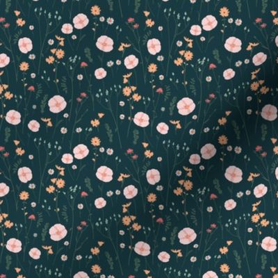 Vintage wildflowers floral and dried weeds in pink, blue, green and tangerine on dark navy blue- EXTRA SMALL SCALE