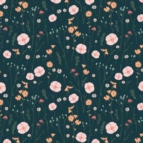 Vintage wildflowers floral and dried weeds in pink, blue, green and tangerine on dark navy blue- EXTRA SMALL SCALE