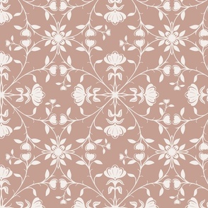 Decorative Symmetrical Flowers, White on a Dusty Pink Background