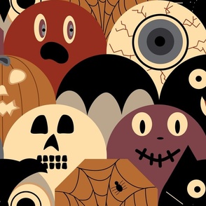 Vintage Halloween with bats, cats, monsters, owls, eyeballs, vampires, ghosts.