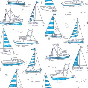Sailboats and fishing boats blue stripes 