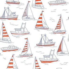 Sailboats and fishing boats orange stripes 