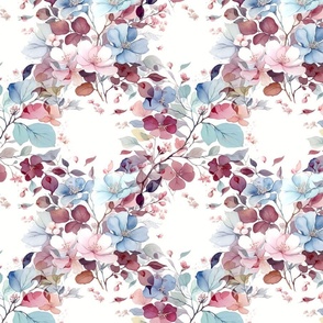 Garland Trellis Flowers and Leaves, Cool Winter Floral Blue Mauve Pink, Medium Scale