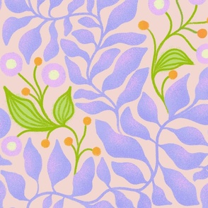 whimsical lilac and green leaves with orange fruits - beige pink neutral floral