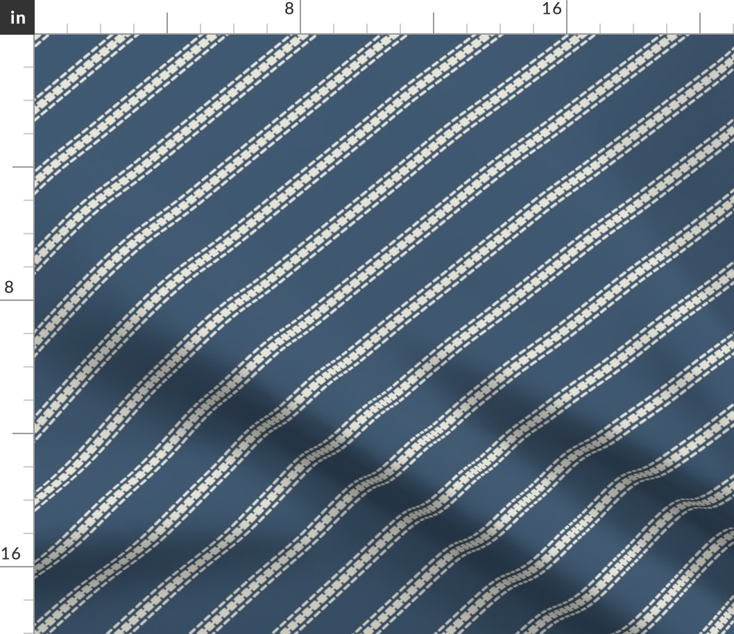 Diagonal thin stripes cream navy french linen