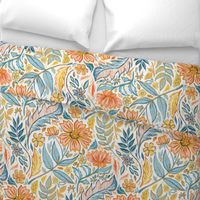 Golden, Peach and Blue Custom Colorway Art Nouveau Floral Large
