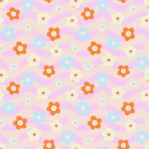 whimsical optimist pink beige and blue daisies
