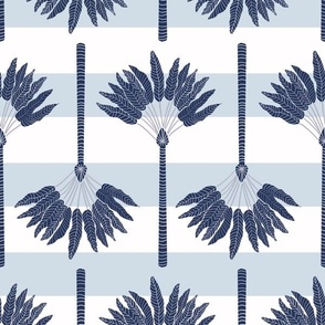 Navy Blue Coastal Chic Palm Trees on Blue Gray and White Horizontal Stripes