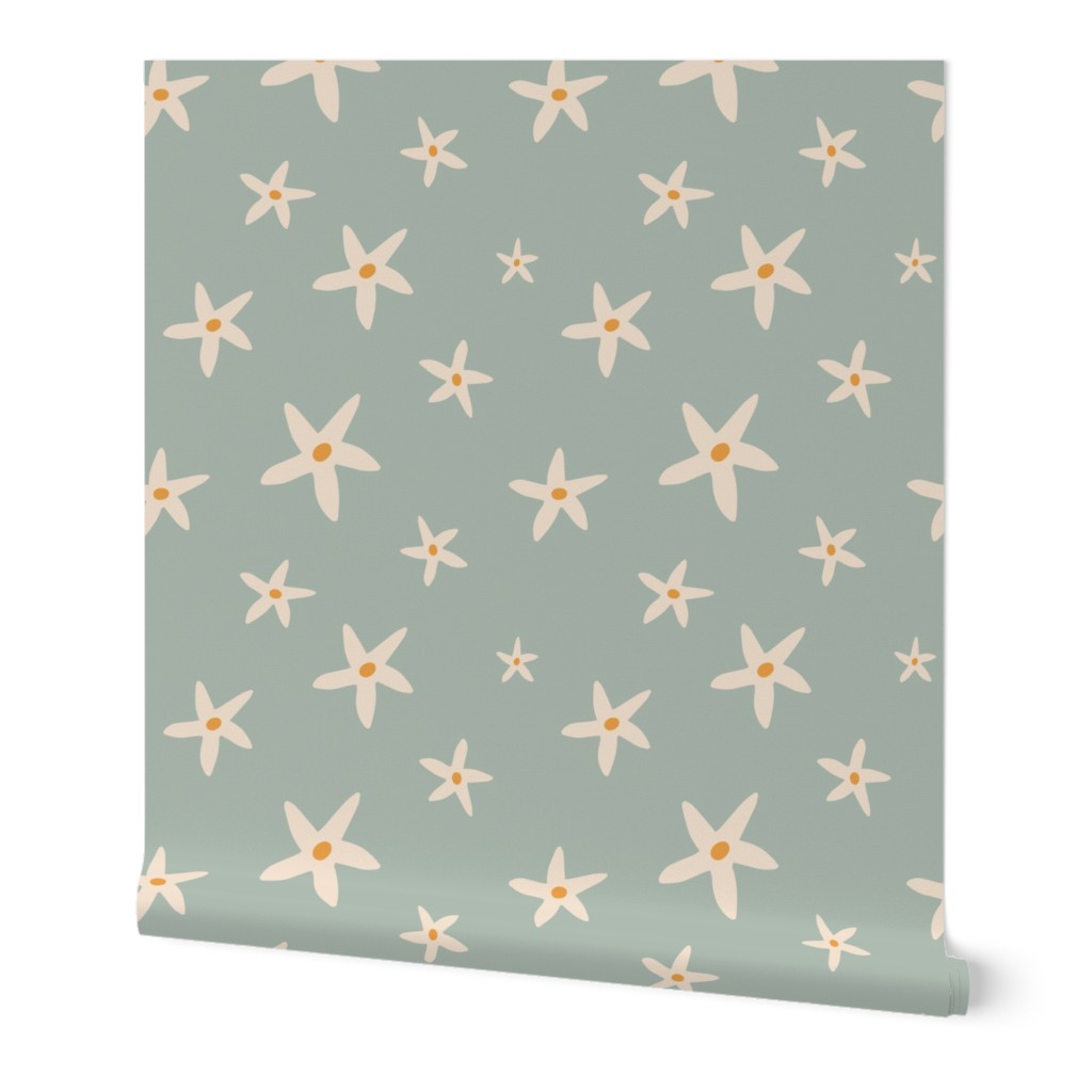 Tossed Simple Golden Star Flowers in Duck Egg Blue