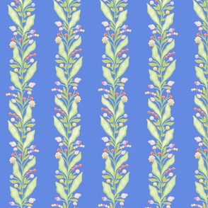 traditional green floral pattern with leaves on coral blue background