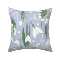 Snowdrops, Lily of the valley and tulips in white and green on pale grey blue