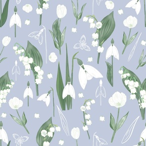 Snowdrops, Lily of the valley and tulips in white and green on pale grey blue