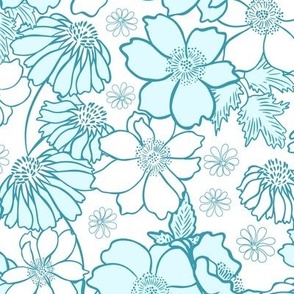 Anemone's and echinacea floral, retro style, turquoise, teal and white, large scale