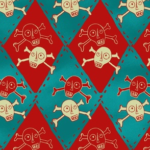 Memento Mori Red and Teal Gothic Skulls -- Gothic Victorian Skulls over Red and Teal Argyle Harlequins -- 31.24in x 25.02in repeat -- 150dpi (Full Scale)