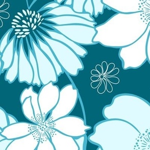 Anemone's and echinacea floral, retro style, teal, turquoise and white, small scale