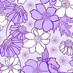 Anemone's and echinacea floral, retro style, purple, violet and pastel lilac background, large scale
