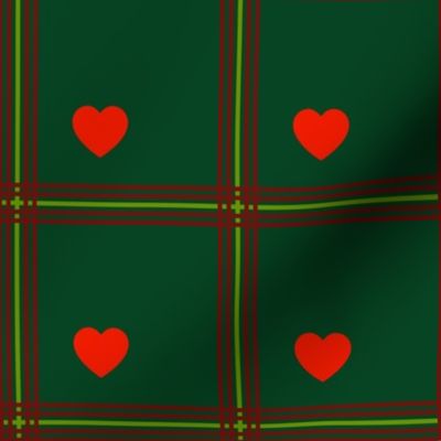Burgundy and green plaid, with red hearts - Small scale