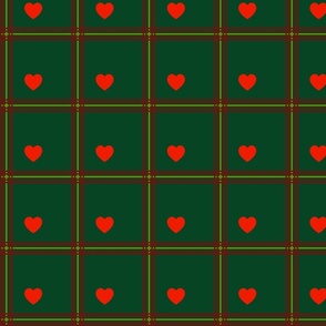 Burgundy and green plaid, with red hearts - Small scale