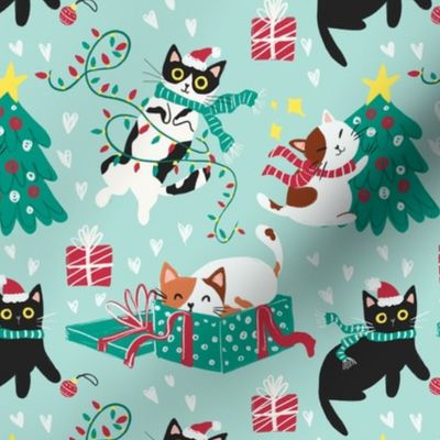 Cute Christmas cats - turquoise Christmas,xmas fabric WB22 medium scale