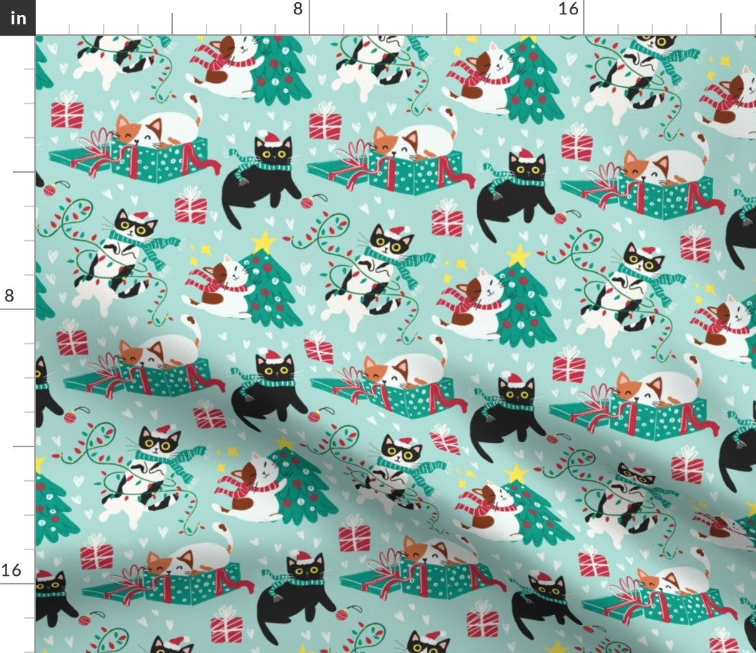 Cute Christmas cats - turquoise Christmas,xmas fabric WB22 medium scale