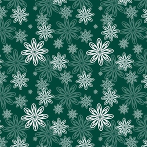 White Folk Flowers Scandinavian Floral Snowflake on Dark Hunter Green Background 
