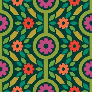 70s Geometric Boho Floral on Warm Teal