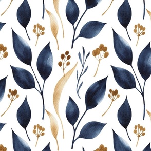 blue and beige watercolor leaves